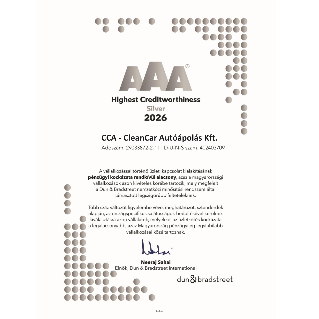 CCA - CleanCar Autóápolás Kft. Dun & Bradstreet AAA Highest Creditworthiness Silver 2026 tanúsítvány